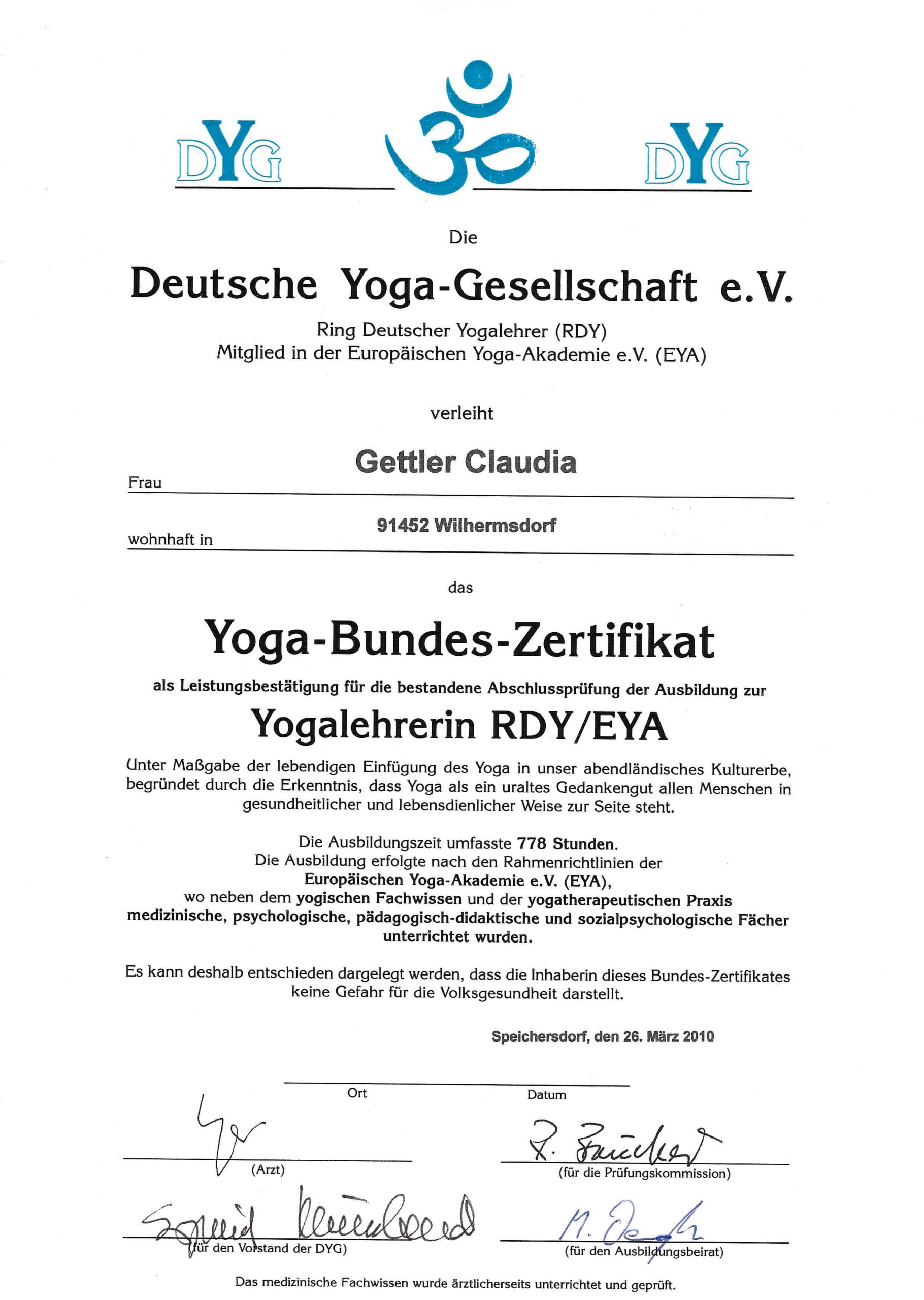 yoga bundes zertifikat: yogalehrerin rdy/eya